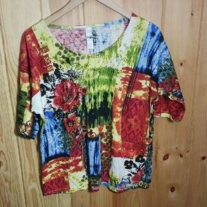 Colorful Patchwork Print, Tie-Dye Look Women's Top Embellished